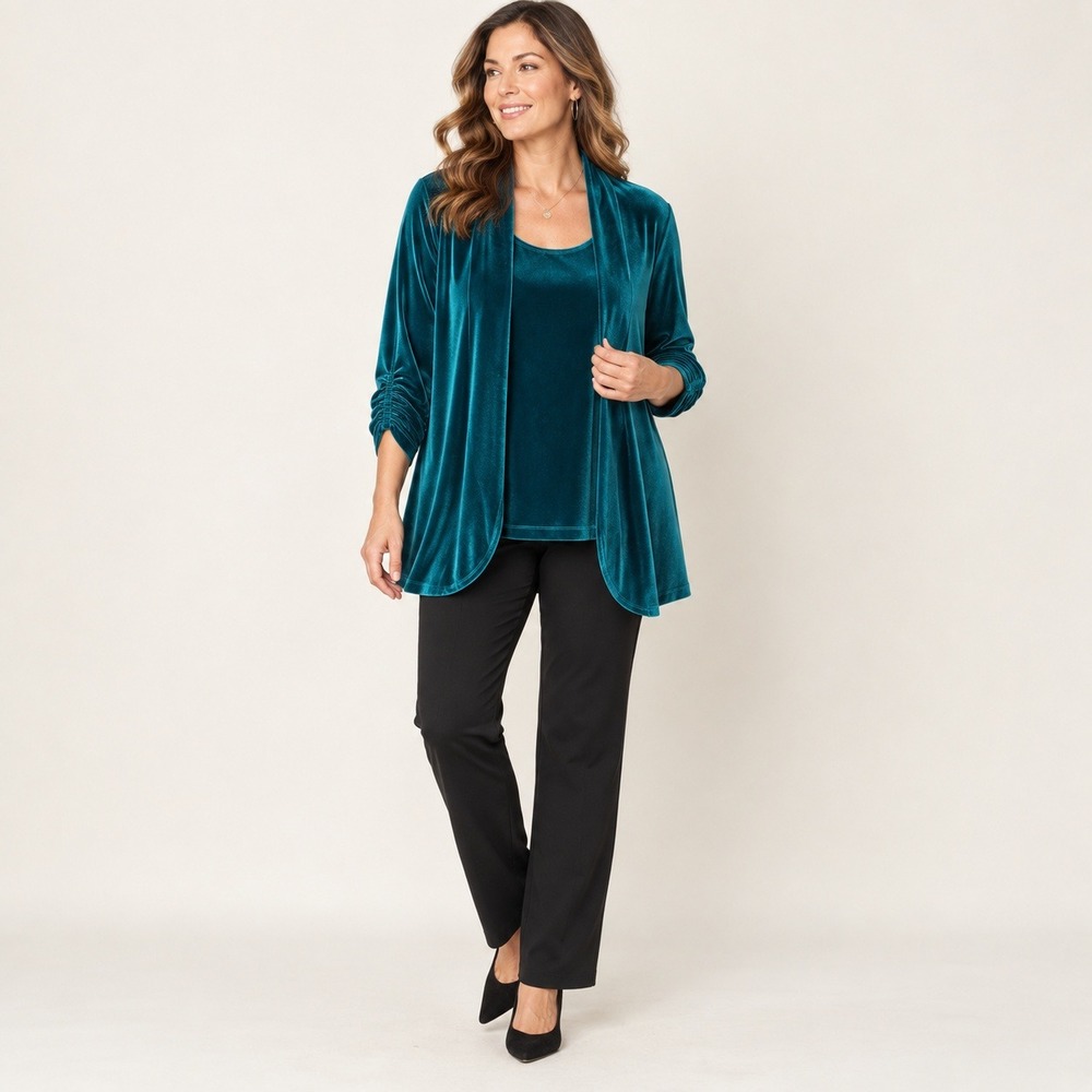 Susan Graver Womens 1X Teal Velvet Cardigan Tank Top 2 Piece Set Ruched Sleeve